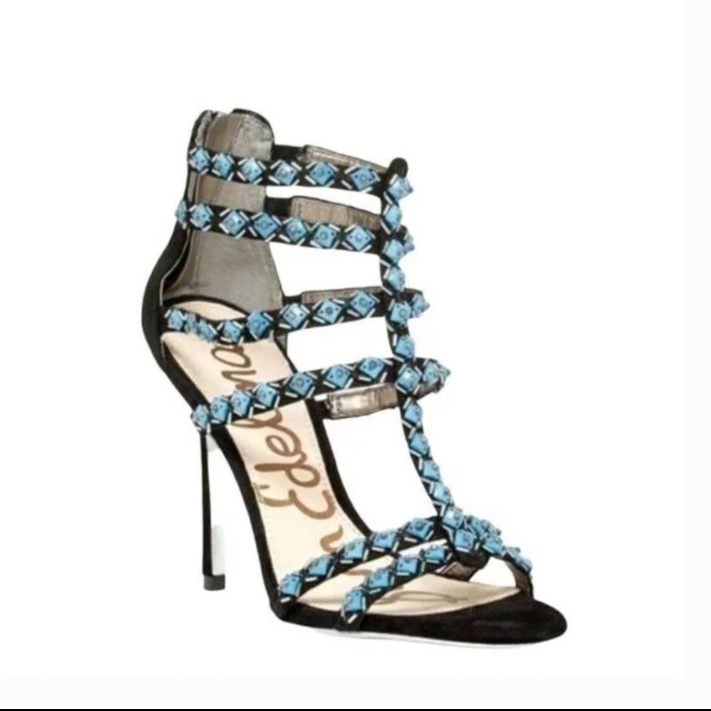 Designer Sam Edelman black suede blue beaded heels Size 9.5